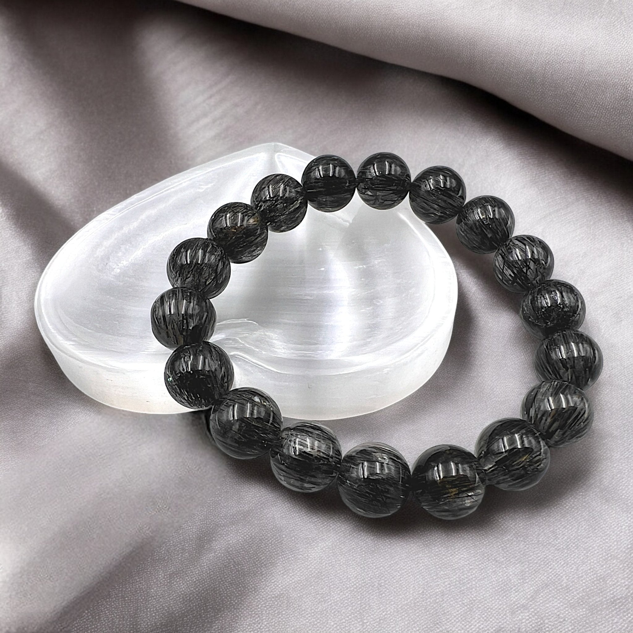 Black Rutile Quartz Bead Bracelet - Tranquilite