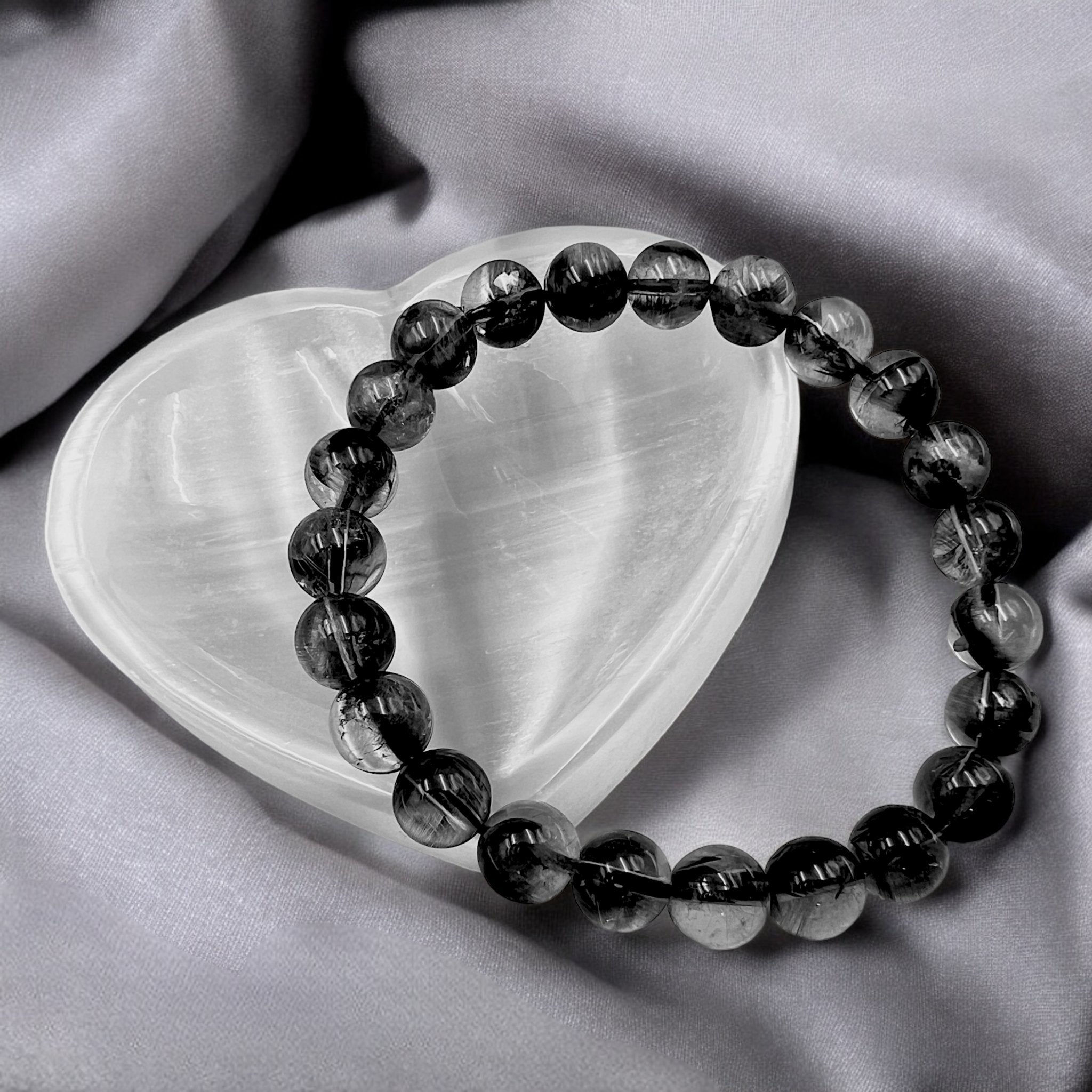 Black Silver Rutile Quartz Bead Bracelet (High Quality) - Tranquilite